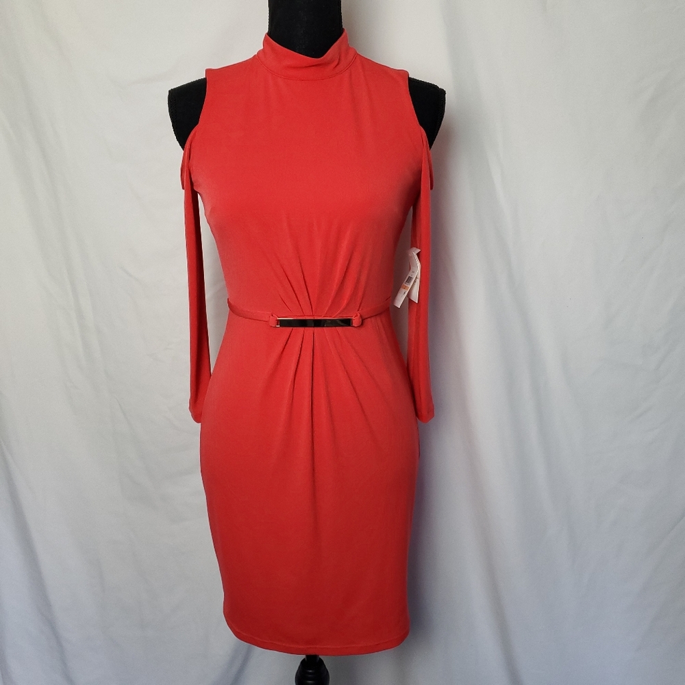 Jessica Simpson Cold Shoulder Coral Mock Neck Attached Belt Sheath Dress Size 2 - Picture 4 of 16